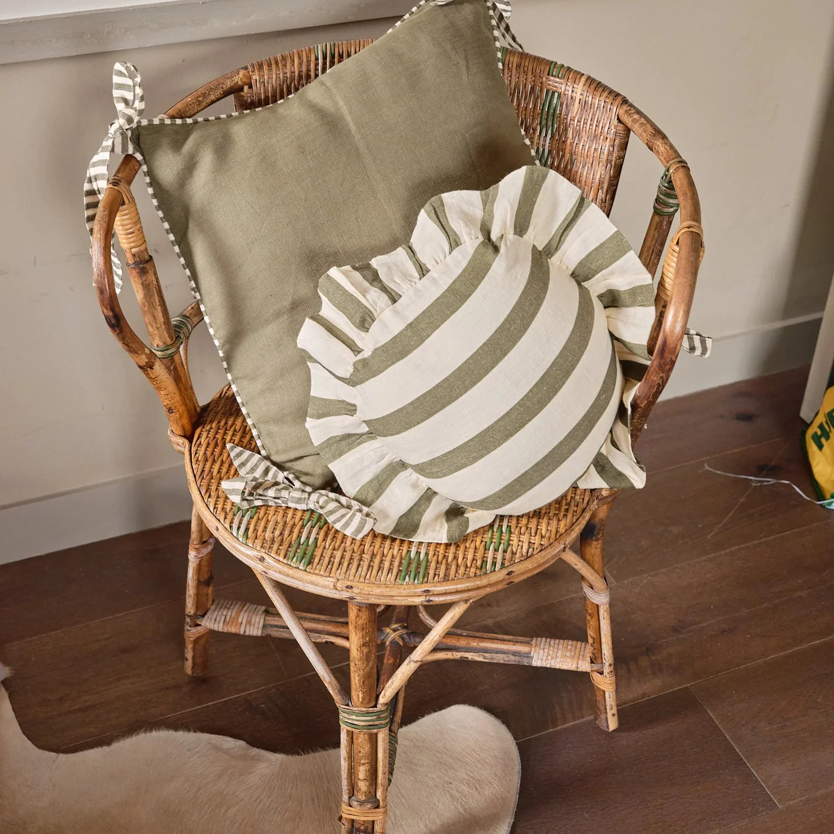 Amuse La Bouche Olive & Ivory Thin Stripe Round Cushion - Image 4