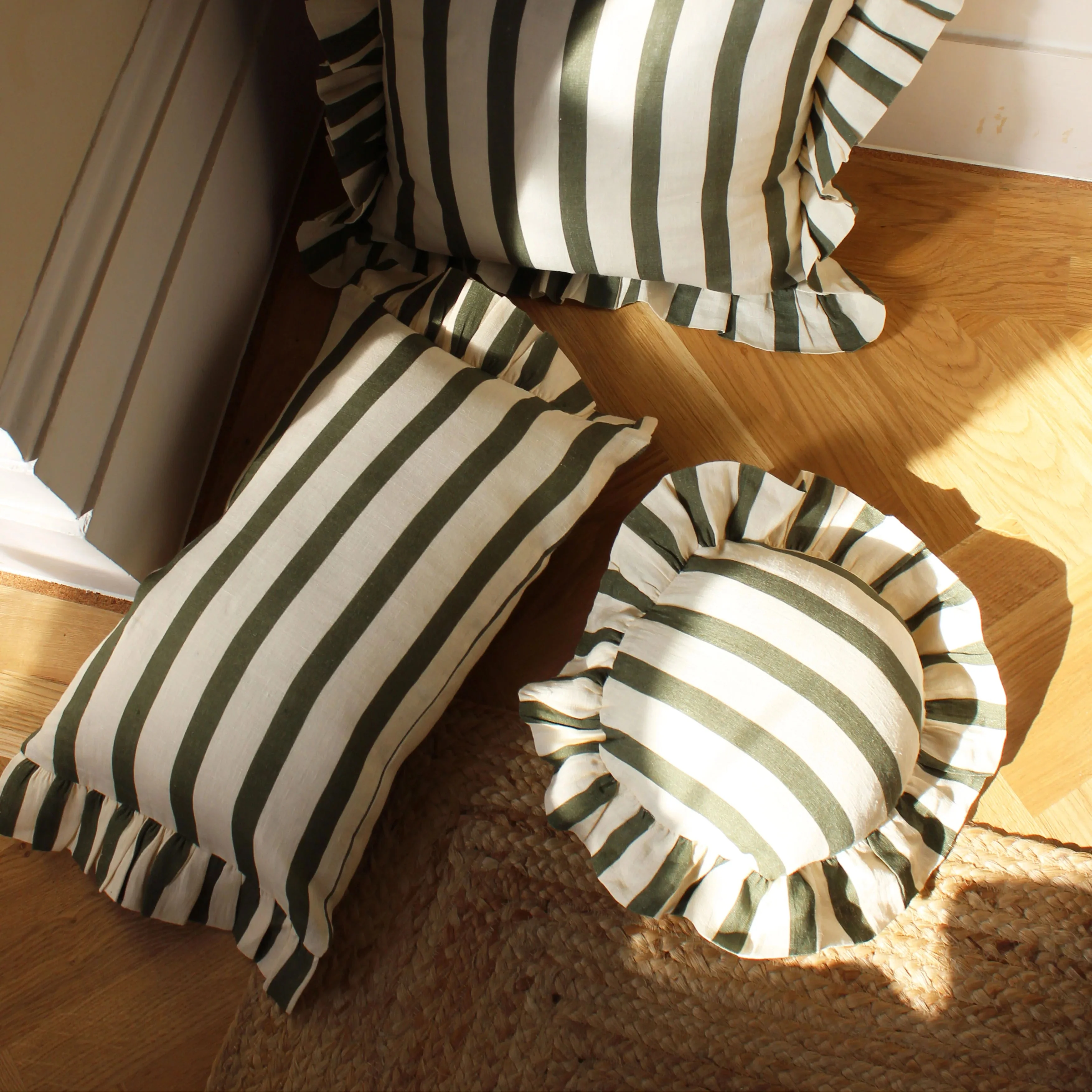 Amuse La Bouche Olive & Ivory Thin Stripe Round Cushion - Image 5