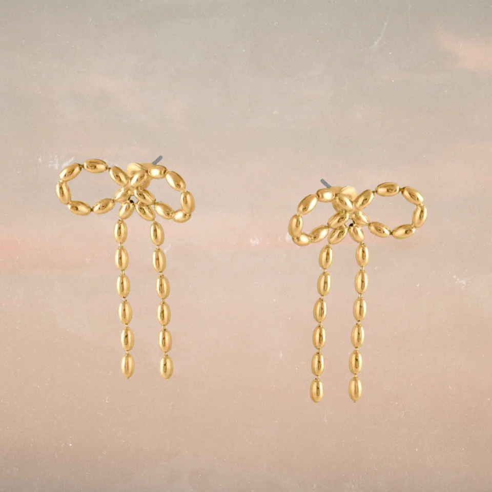 Big Metal London Celine Bow Dandle Stud Earrings in Silver or Gold Plated - Image 3