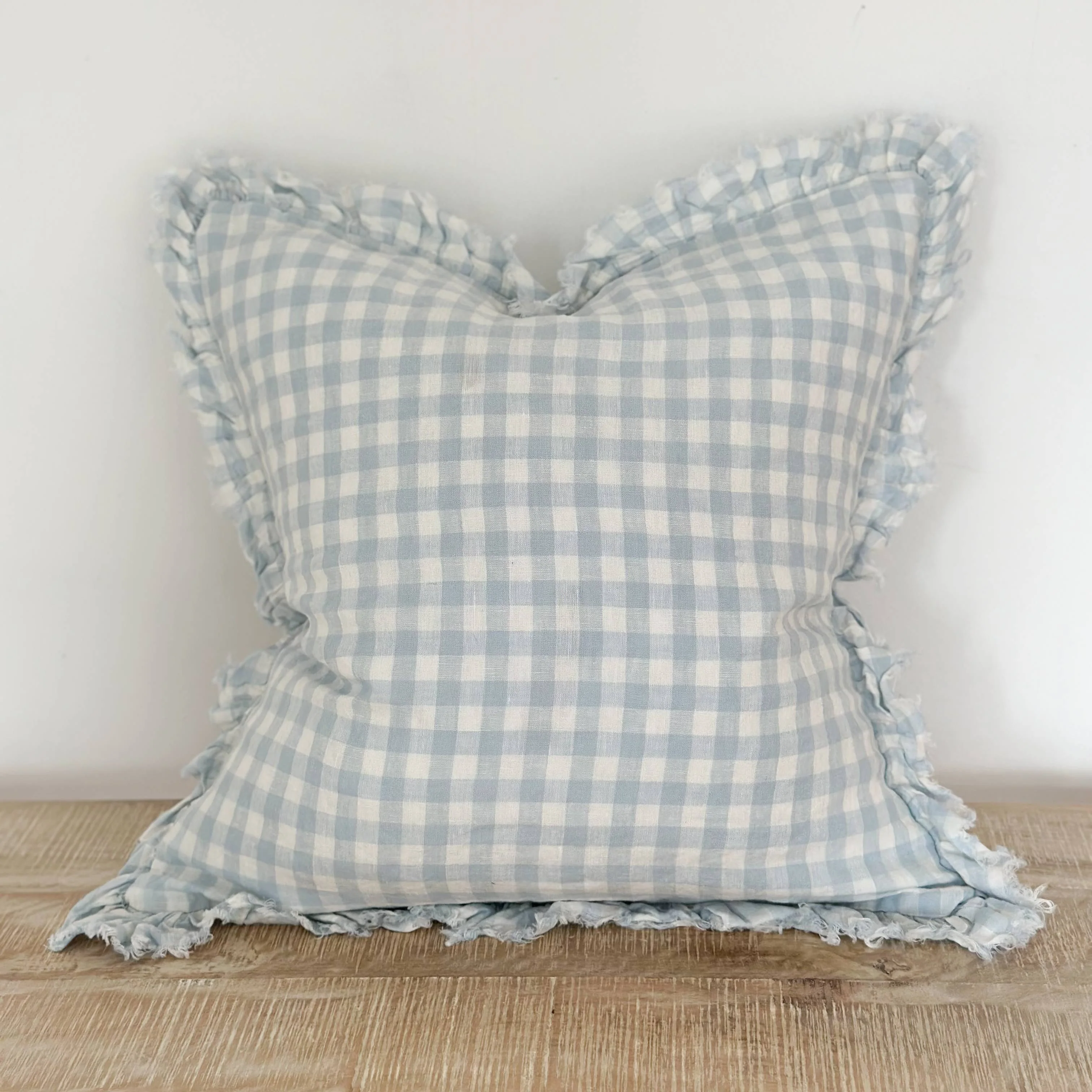 Ellenvale Ruffled Linen Cushion in Blue Gingham - Image 3