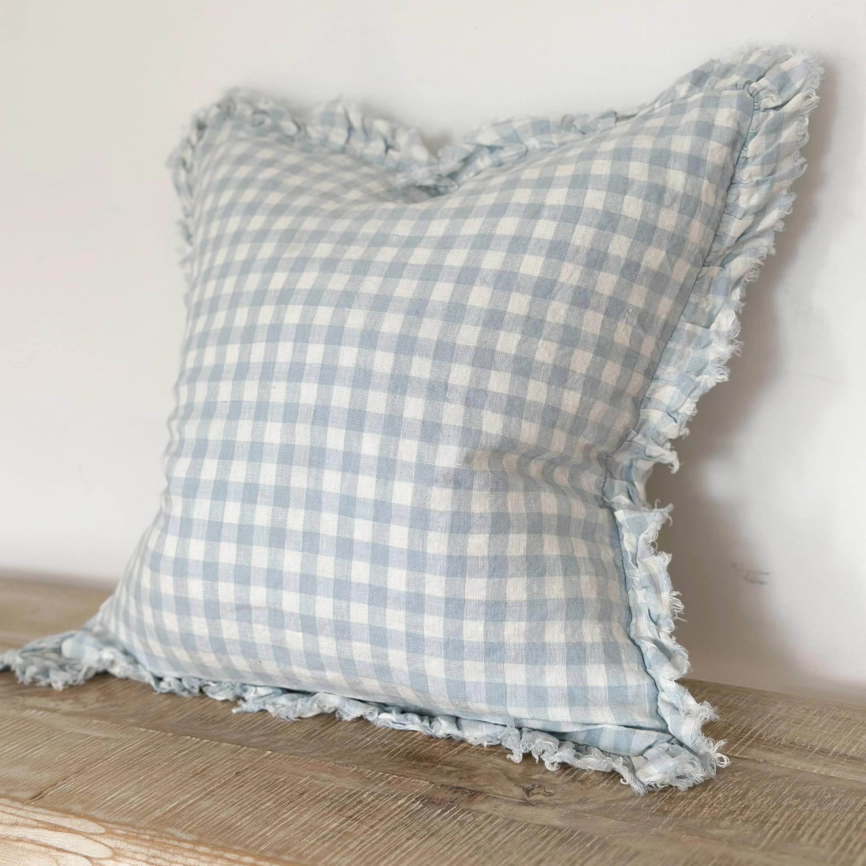 Ellenvale Ruffled Linen Cushion in Blue Gingham - Image 4