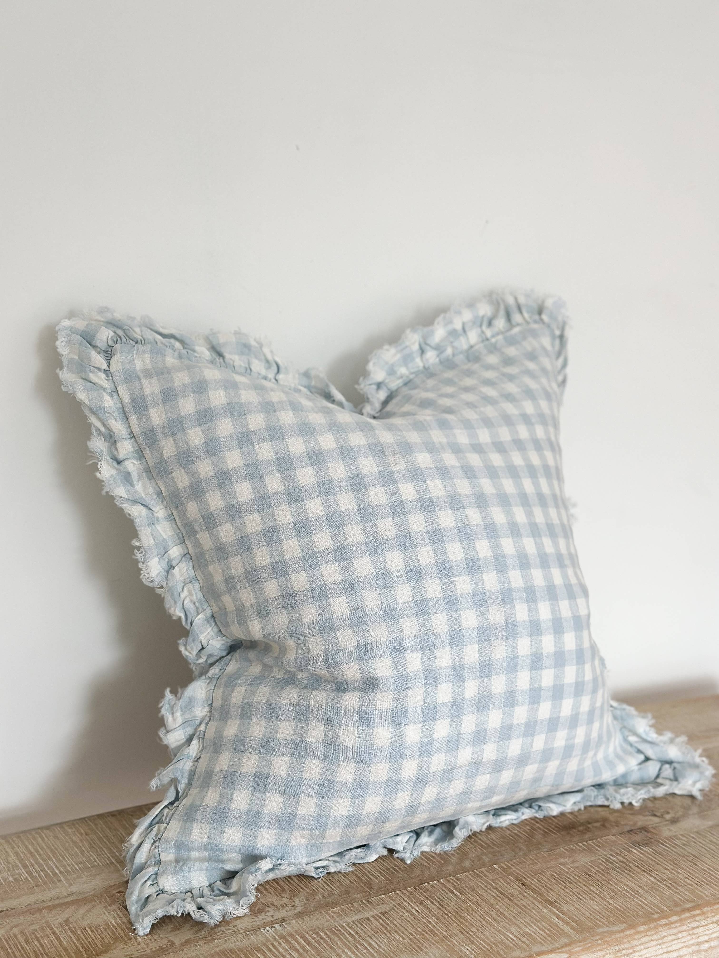 Ellenvale Ruffled Linen Cushion in Blue Gingham - Image 5