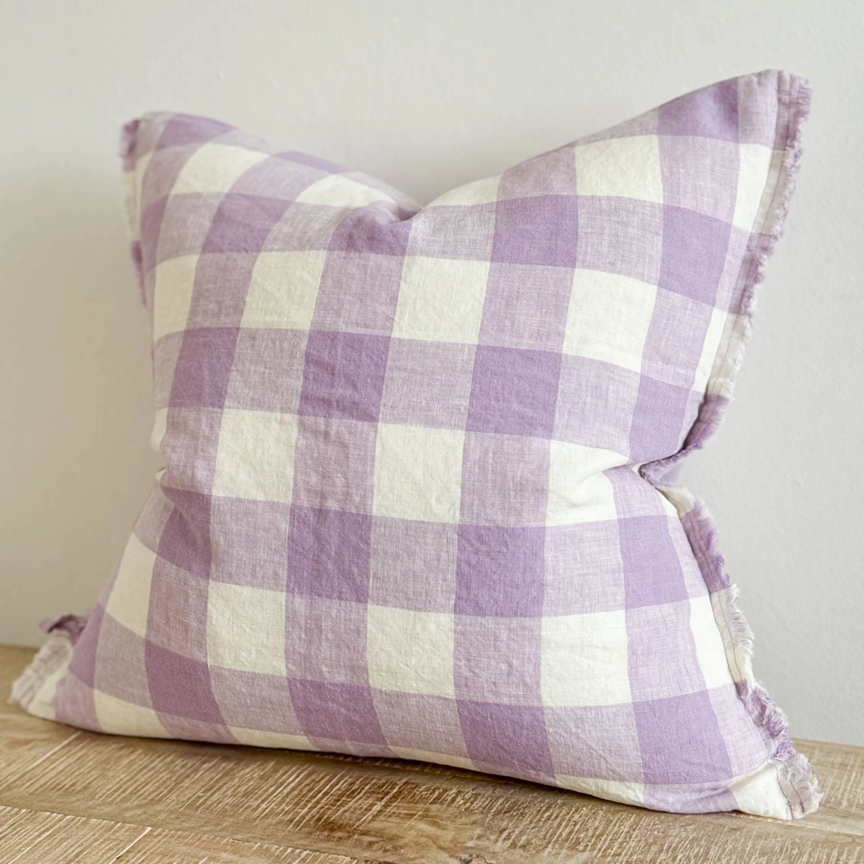 Ellenvale Esmee Fringed Linen Cushion in Lilac Check - Image 3