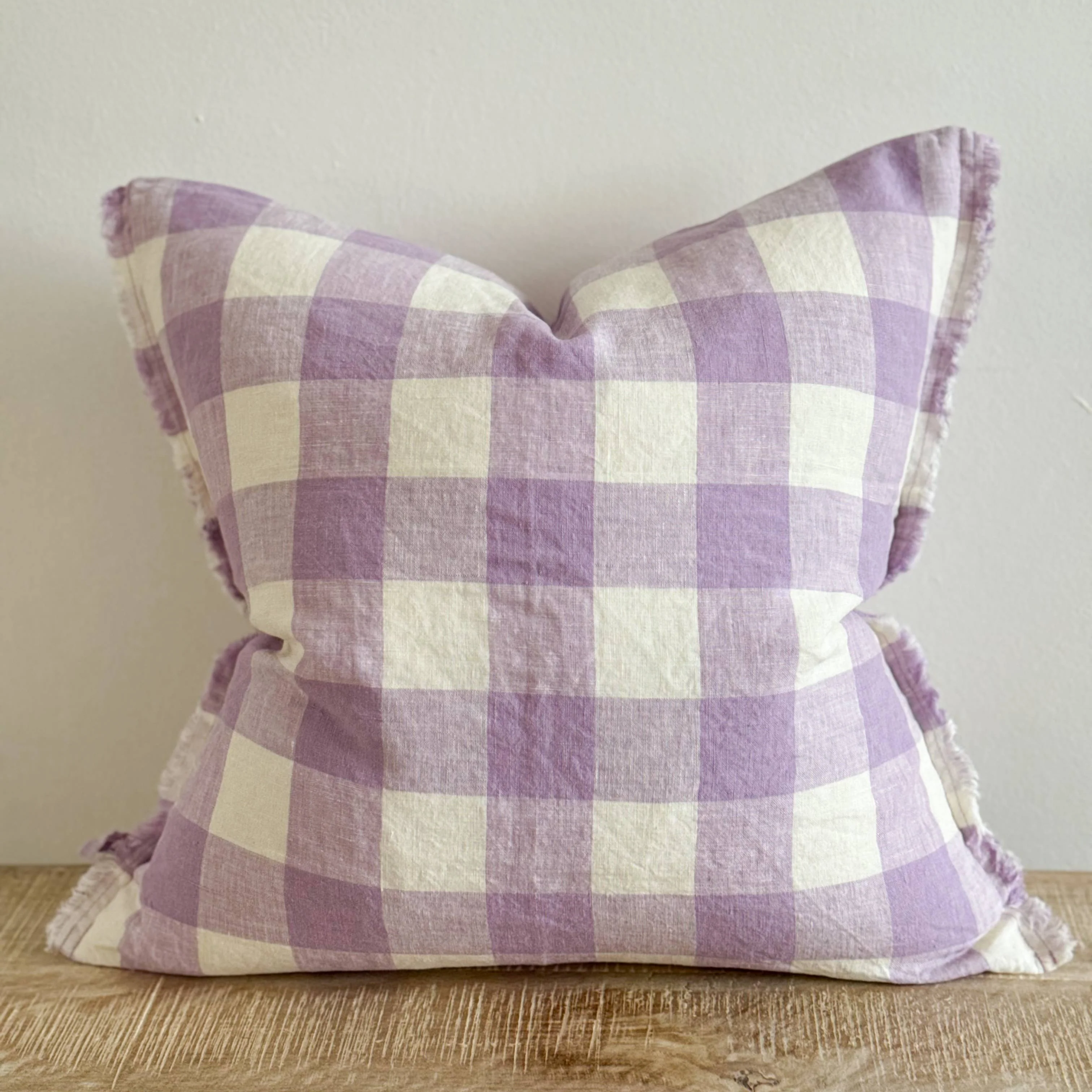 Ellenvale Esmee Fringed Linen Cushion in Lilac Check - Image 4