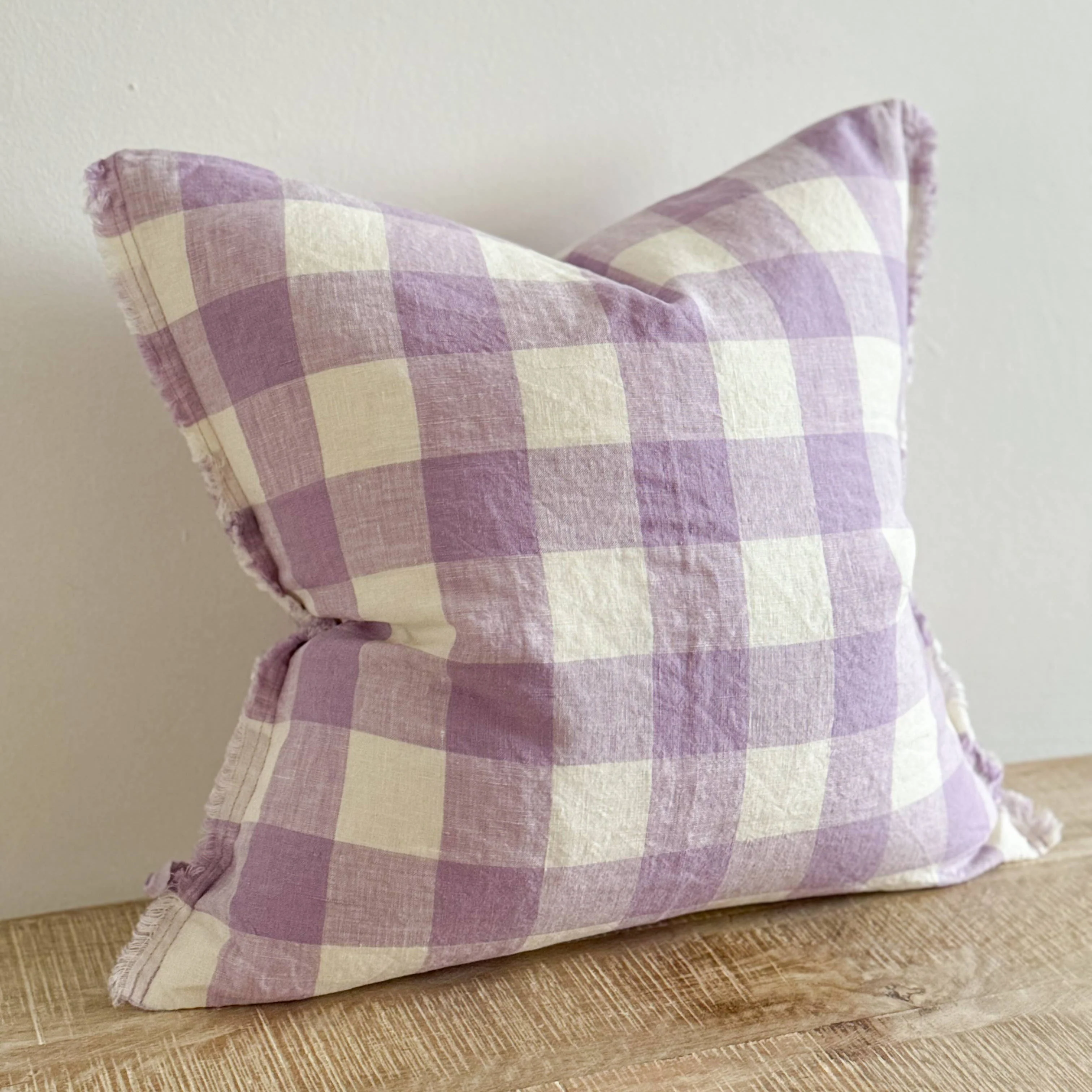 Ellenvale Esmee Fringed Linen Cushion in Lilac Check - Image 5