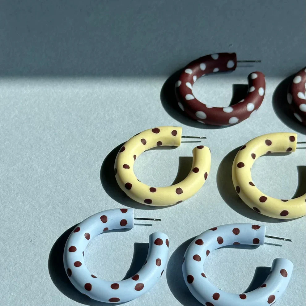 Kalei Polymer Clay Circle Earrings in Butter Yellow or Pale Blue Polkadot - Image 3