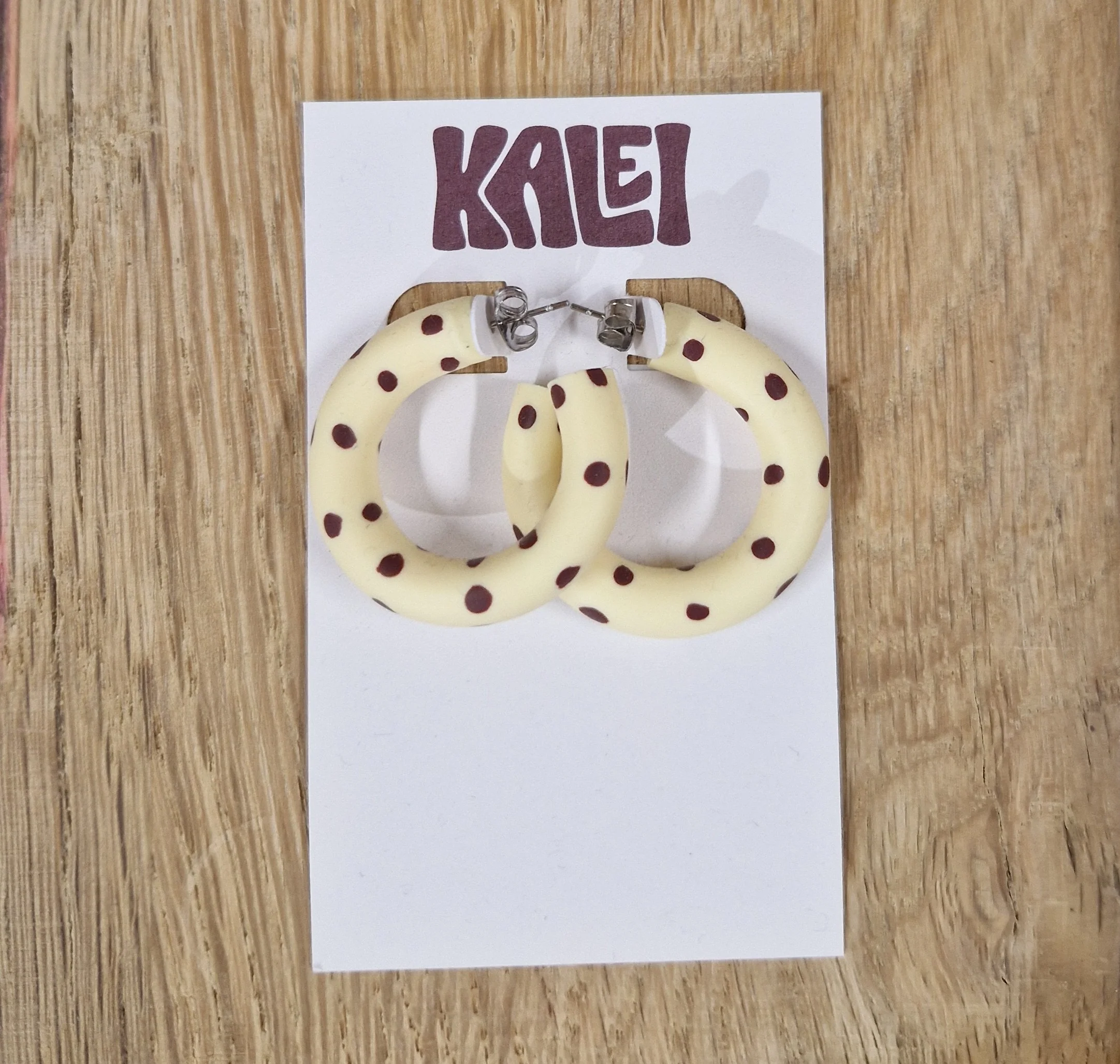 Kalei Polymer Clay Circle Earrings in Butter Yellow or Pale Blue Polkadot - Image 4