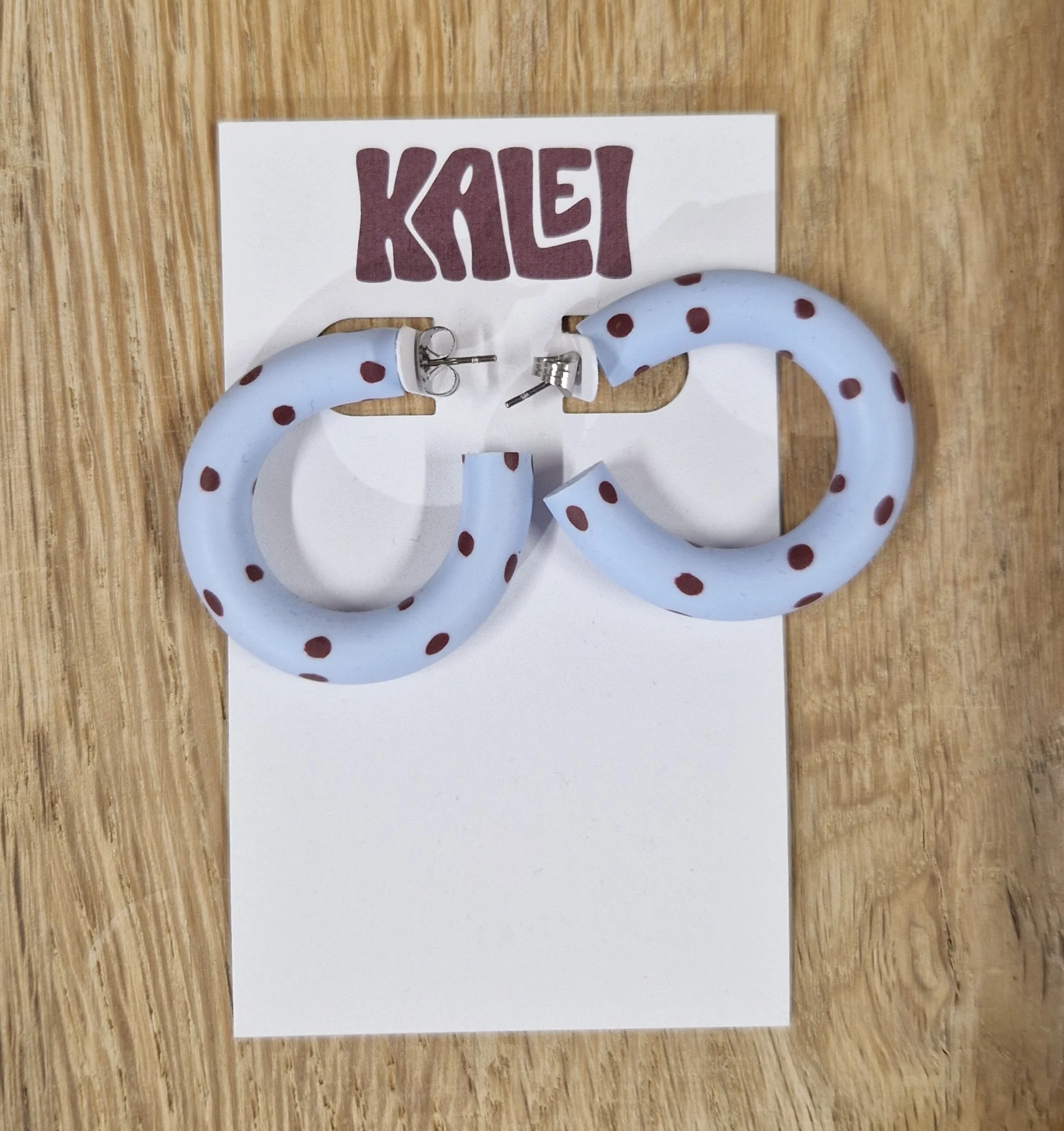 Kalei Polymer Clay Circle Earrings in Butter Yellow or Pale Blue Polkadot - Image 5