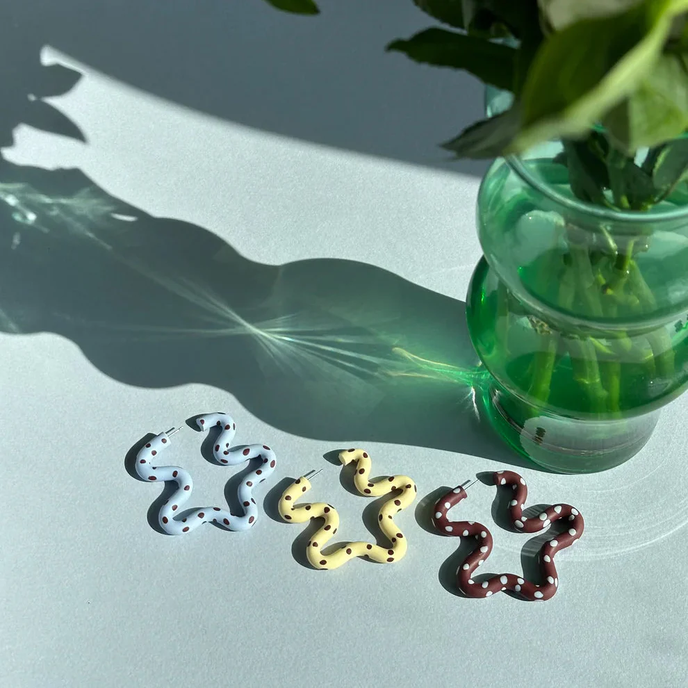 Kalei Polymer Clay Wiggle Earrings in Butter Yellow or Pale Blue Polkadot - Image 4