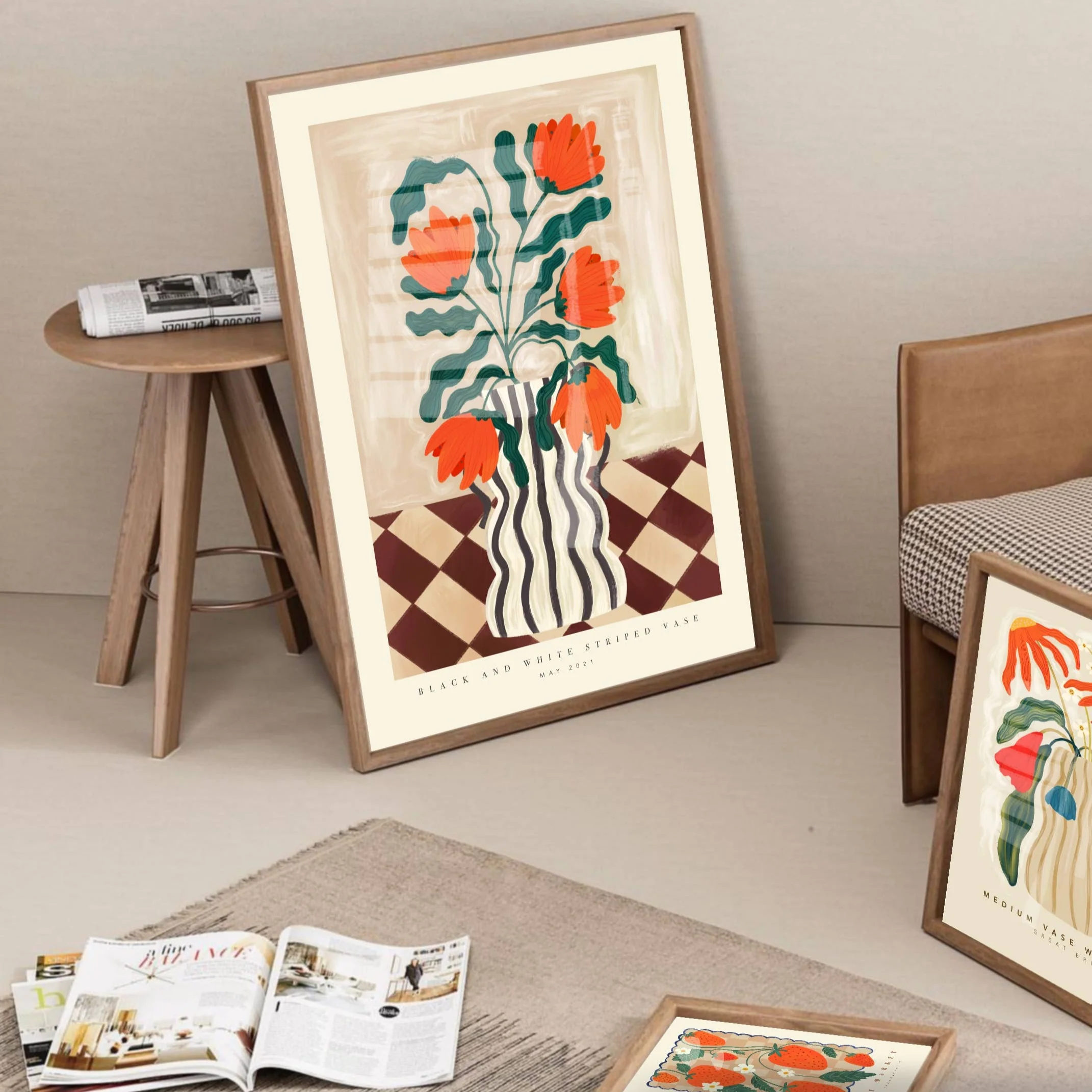 Kate Fox Hand Drawn Vase with Red Flowers Art Print in A3 - Image 3