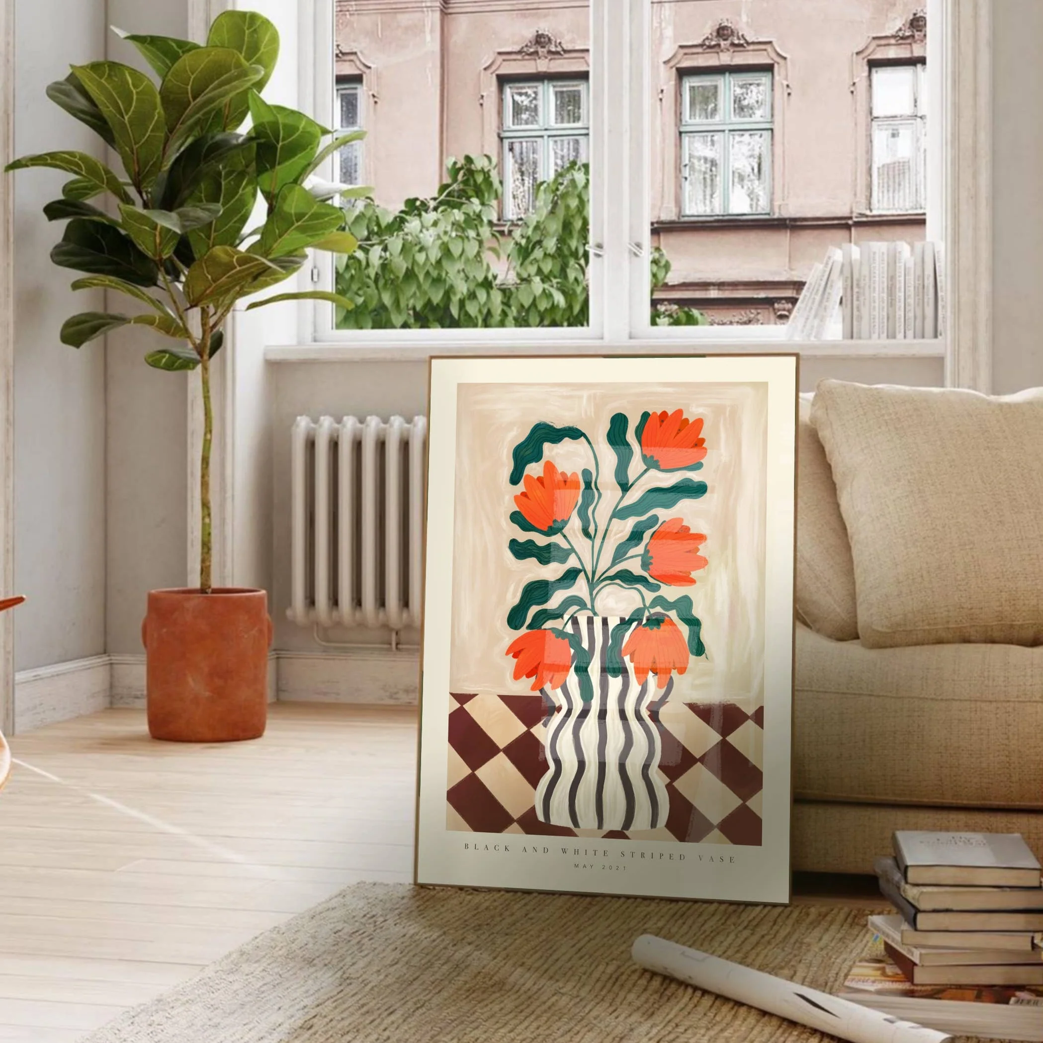 Kate Fox Hand Drawn Vase with Red Flowers Art Print in A3 - Image 4