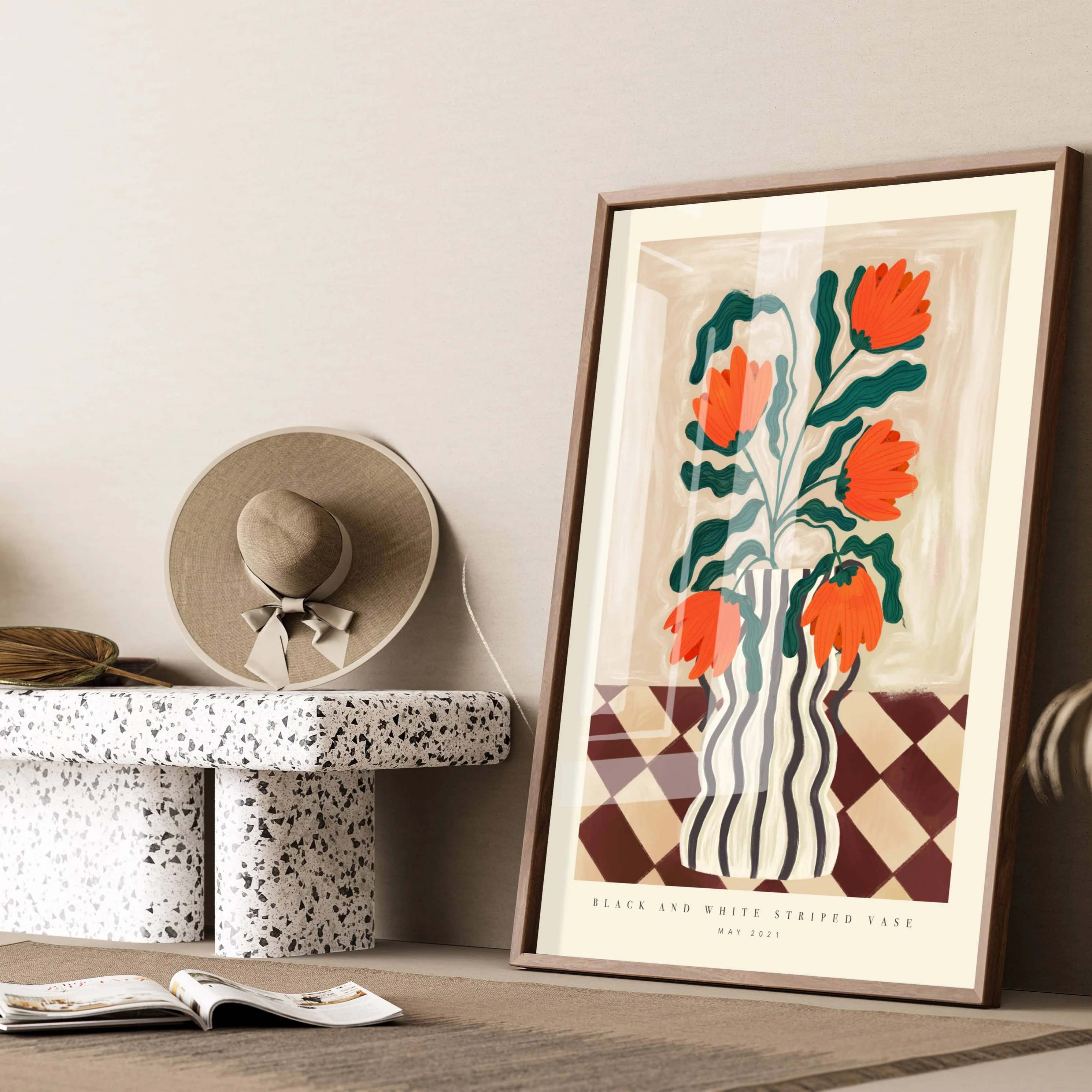 Kate Fox Hand Drawn Vase with Red Flowers Art Print in A3 - Image 6