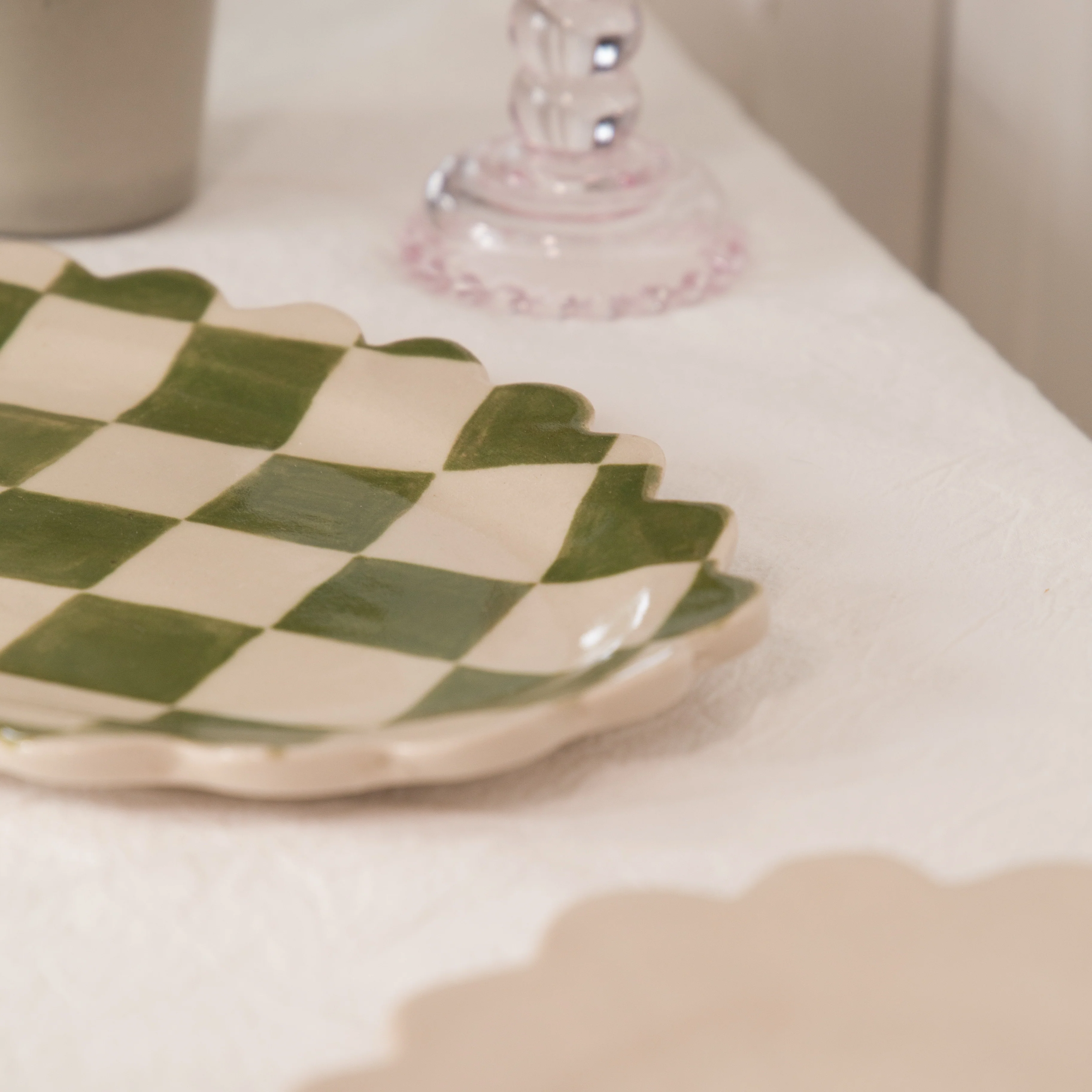 Poesy Ceramics Scallop Plate in Green Check or Cream - Image 3
