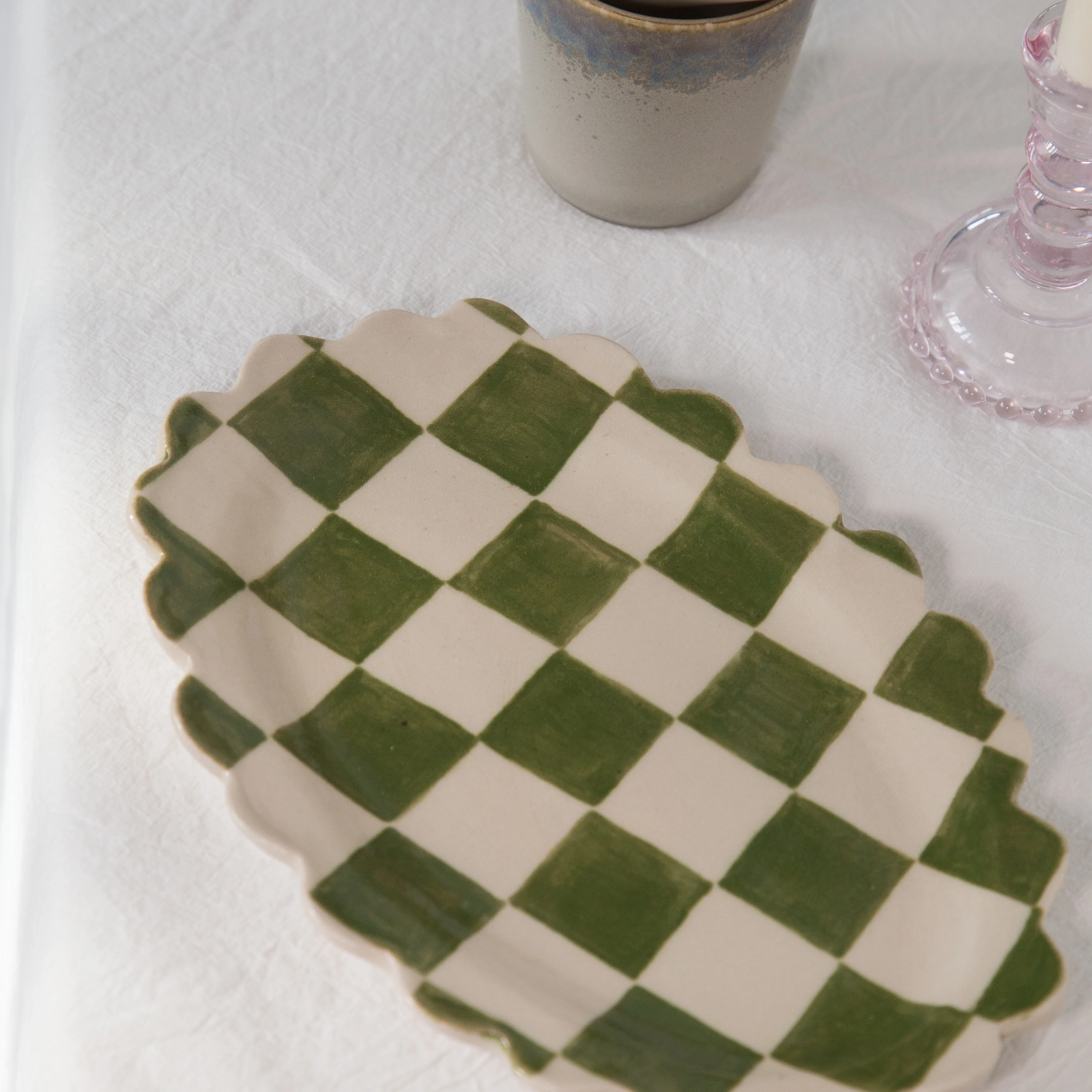 Poesy Ceramics Scallop Plate in Green Check or Cream - Image 5